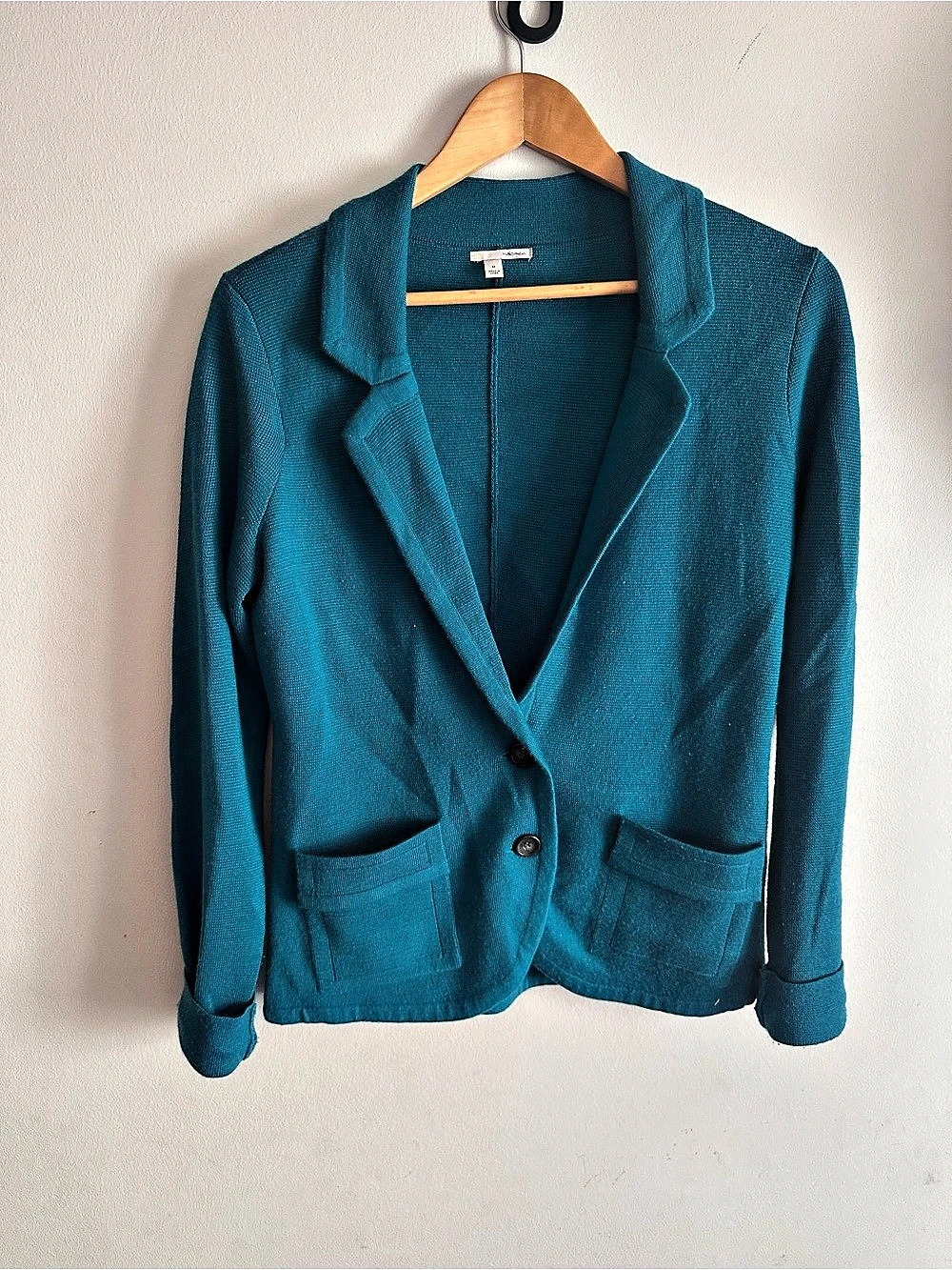Halogen Merino Wool Blend Knit Blazer Cardigan Teal Blue Size Medium